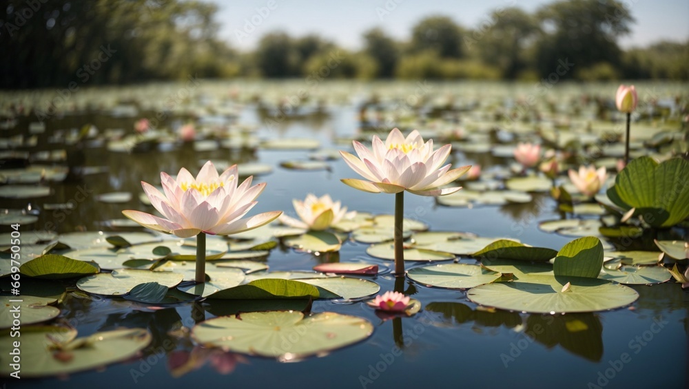 Waterlilies in Full Bloom with Light Bokeh Background Waterlilies in Full Bloom with Light Bokeh Background