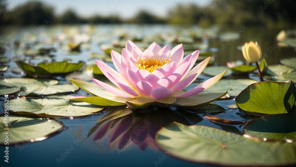 Waterlilies in Full Bloom with Light Bokeh Background