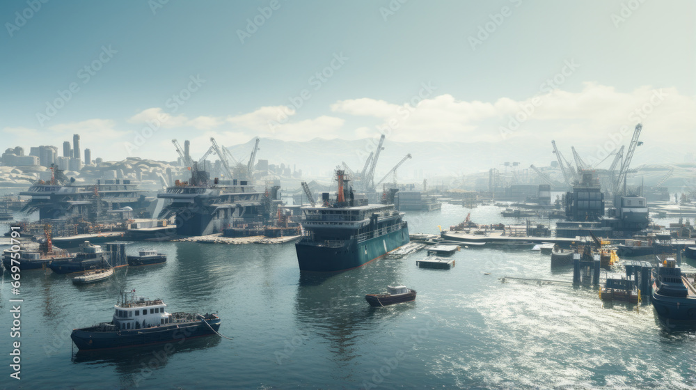 A view of a port with numerous boats and ships coming and going A view of a port with numerous boats and ships coming and going