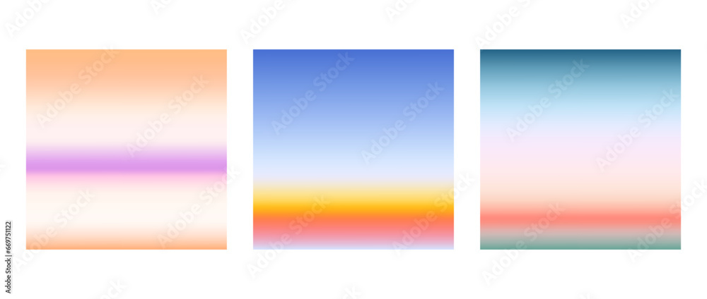 Sunrise or sunset colorful gradients background set. Smooth blurred wallpaper set in pink, blue, orange, purple, pink colors. Abstract beach and sea or ocean horizon backdrop. Vector illustration