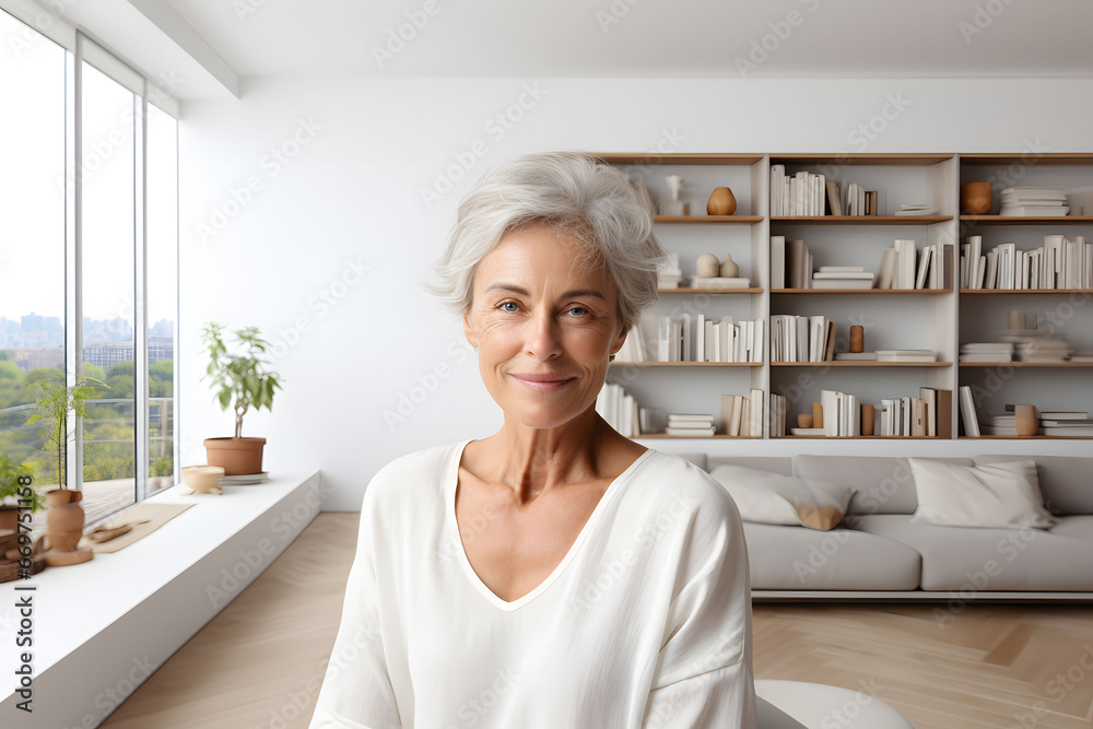 happy mature woman with grey hair in a cozy modern appartment with wide windows. concept of healthy life, happy retirement and tranquility happy mature woman with grey hair in a cozy modern appartment with wide windows. concept of healthy life, happy retirement and tranquility