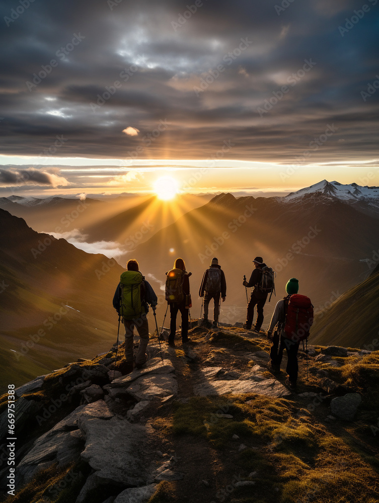 A Photo of a Group of Seniors Hiking up a Mountain with a Backdrop of a Breathtaking Sunrise