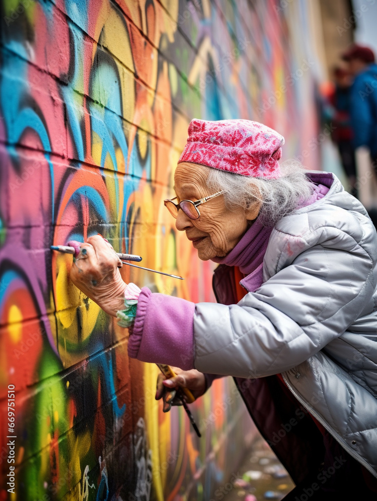 Naklejka premium A Photo of an Elderly Woman Trying Her Hand at Graffiti Art on a Wall