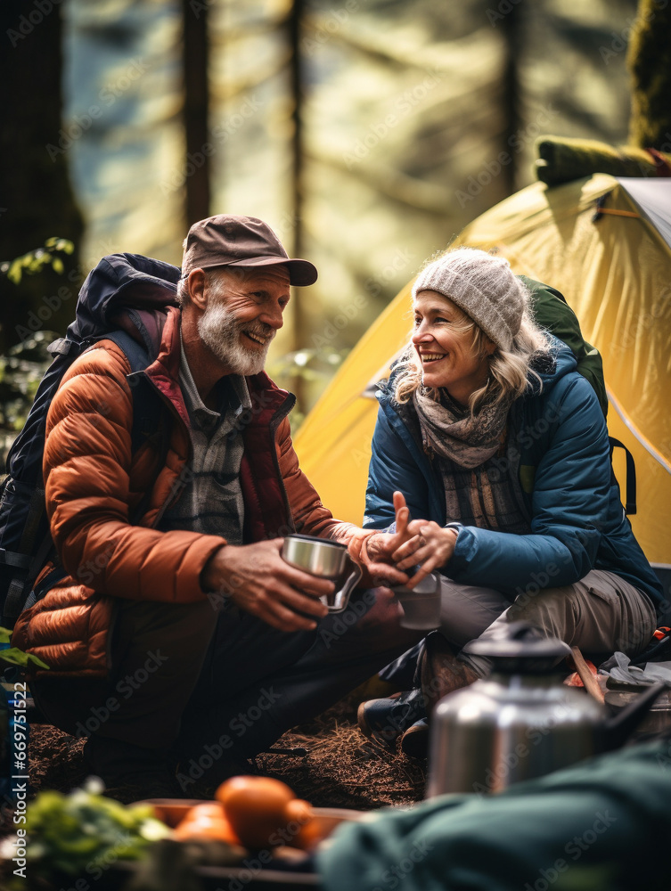 A Photo of an Older Couple Backpacking and Setting up Camp in a Forest