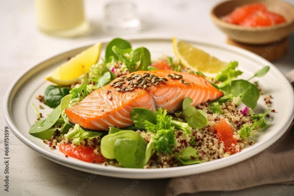 Nutrient-Rich Delight: Salmon and Quinoa Salad with a Zesty Orange Twist, Adorned with Seeds - A Gourmet Culinary Dish Packed with Fresh Ingredients and Delicious Flavors.
Nutrient-Rich Delight: Salmon and Quinoa Salad with a Zesty Orange Twist, Adorned with Seeds - A Gourmet Culinary Dish Packed with Fresh Ingredients and Delicious Flavors.