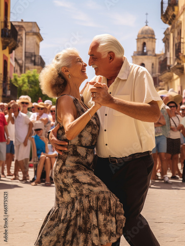 A Photo of an Older Couple Salsa Dancing in a Town Square Surrounded by Onlookers