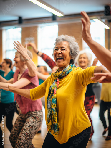 A Photo of Older Women Learning Modern Dance in a Vibrant Studio
