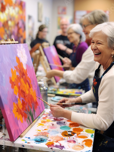 A Photo of Seniors Taking a Painting Class Laughing and Splashing Colors on Their Canvases
