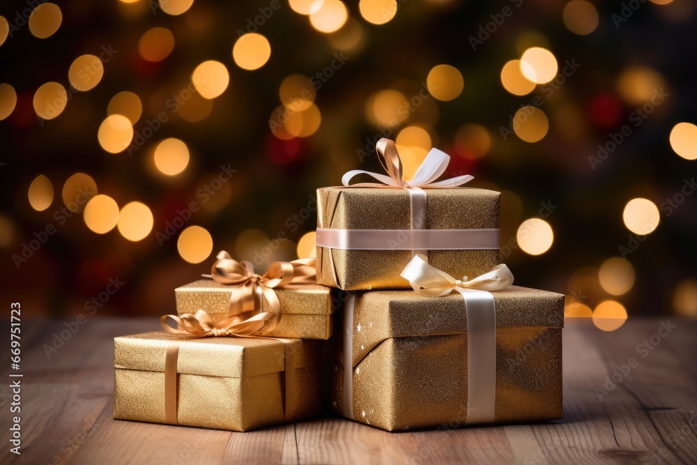A pile of christmas presents with a soft bokeh background. A pile of christmas presents with a soft bokeh background.