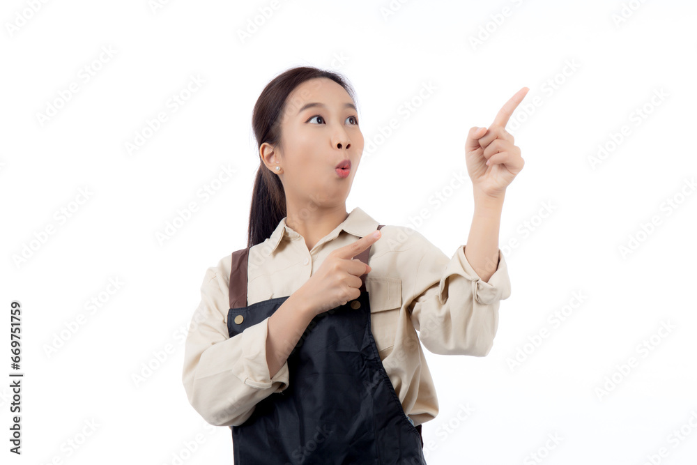 Portrait of young asian barista woman wearing apron presenting isolated white background, waitress or entrepreneur cheerful and showing something, small business or startup, waiter of cafe. Portrait of young asian barista woman wearing apron presenting isolated white background, waitress or entrepreneur cheerful and showing something, small business or startup, waiter of cafe.