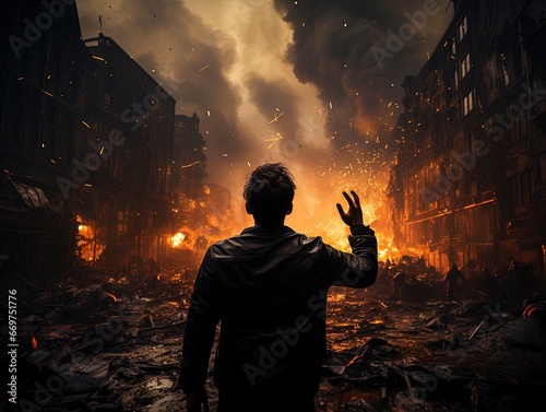 a man raises his hands in front of his city destroyed by war
