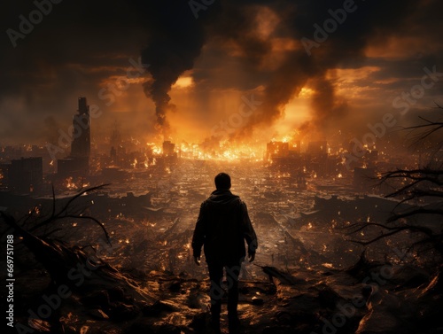 a man stands in the rubble of destroyed buildings and in front of his city destroyed by war
