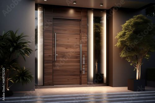 Entrance of the modern house with a pivot doors