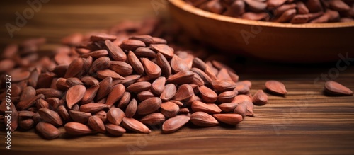 Mahogany seeds known for their health benefits are dark brown and flat Selective focus Wooden background