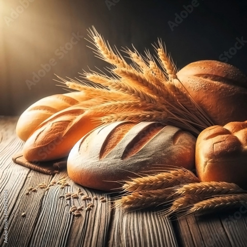 Some fresh baked goods placed in a straw basket. On a wooden table. Some ears of wheat. Close side view.
