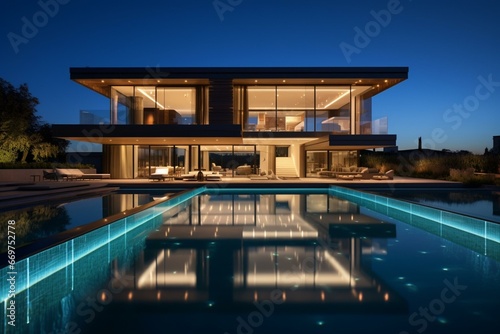 Contemporary mansion with illuminated pool at night. Generative AI © Leandro