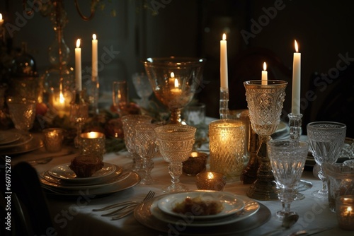 An exquisite holiday table adorned with beautiful candles, glasses, and plates. Generative AI