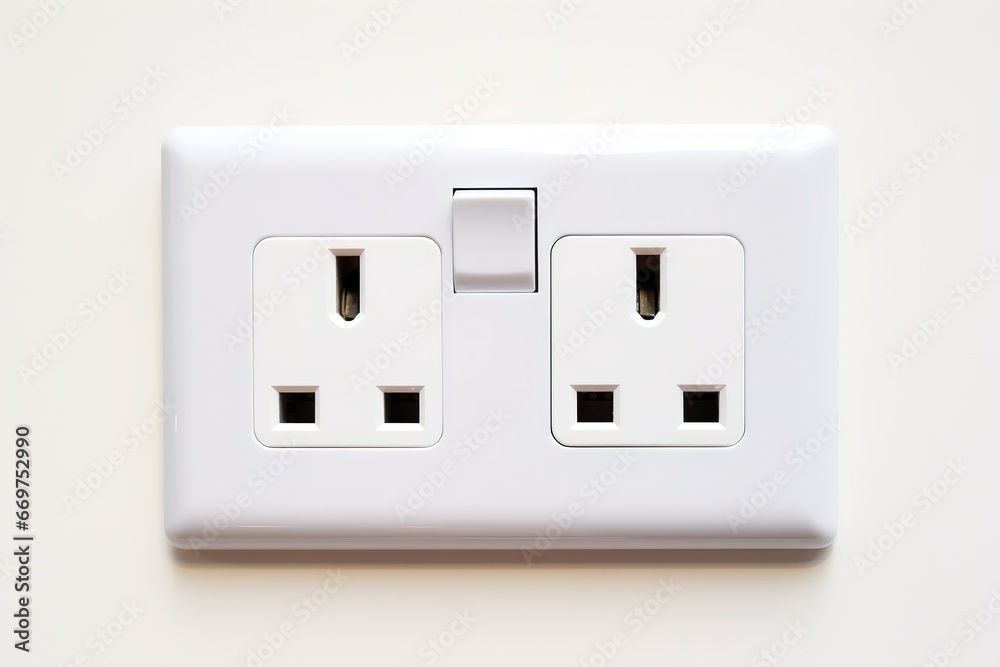 White wall mounted socket board with two electrical sockets and a switch. The socket board is isolated on a white background. White wall mounted socket board with two electrical sockets and a switch. The socket board is isolated on a white background.