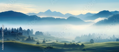 Fog mist or smog covering morning landscape