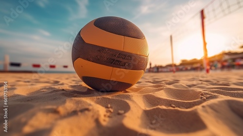 Focused ball on the beach sand, beach volleyball game under sunlight and blue sky blurred background photo