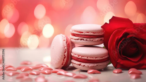 Delicious macarons with red roses, Happy Valentine Day background, Anniversary, Wedding, Proposal. Copy space for text. Generative AI photo