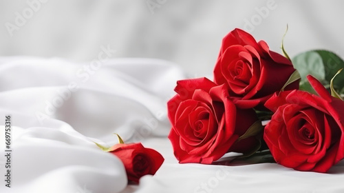 Bouquet of red roses  Happy Valentine Day background  Anniversary  Wedding  Proposal. Copy space for text. Generative AI