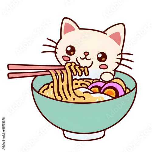 Kawaii Asian Cat Is Sitting And Eating Ramen