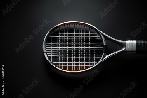 Topview of tennis racket and ball on black background. 3D rendering illustration. Generative AI © Thalia