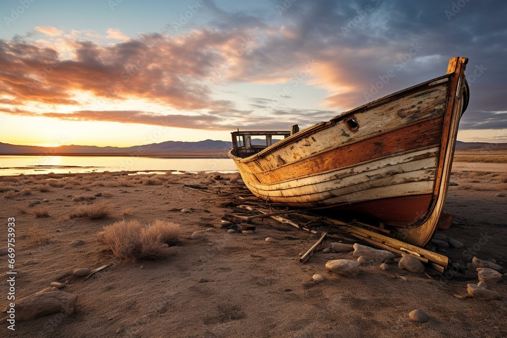 Old decaying boat abandoned near a dry lake bed. Generative AI