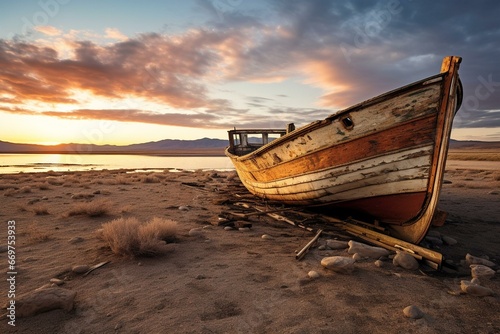 Old decaying boat abandoned near a dry lake bed. Generative AI