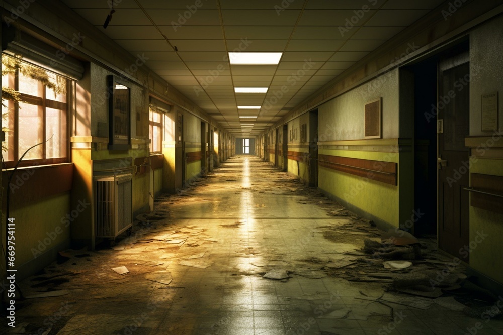Interior view of a hospital hallway. Generative AI