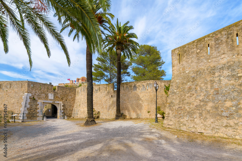 Exterior view of the Citadel of Saint-Tropez, France, a former fortress and now a maritime museum in the Provence Cote d'Azur region of Southern France.