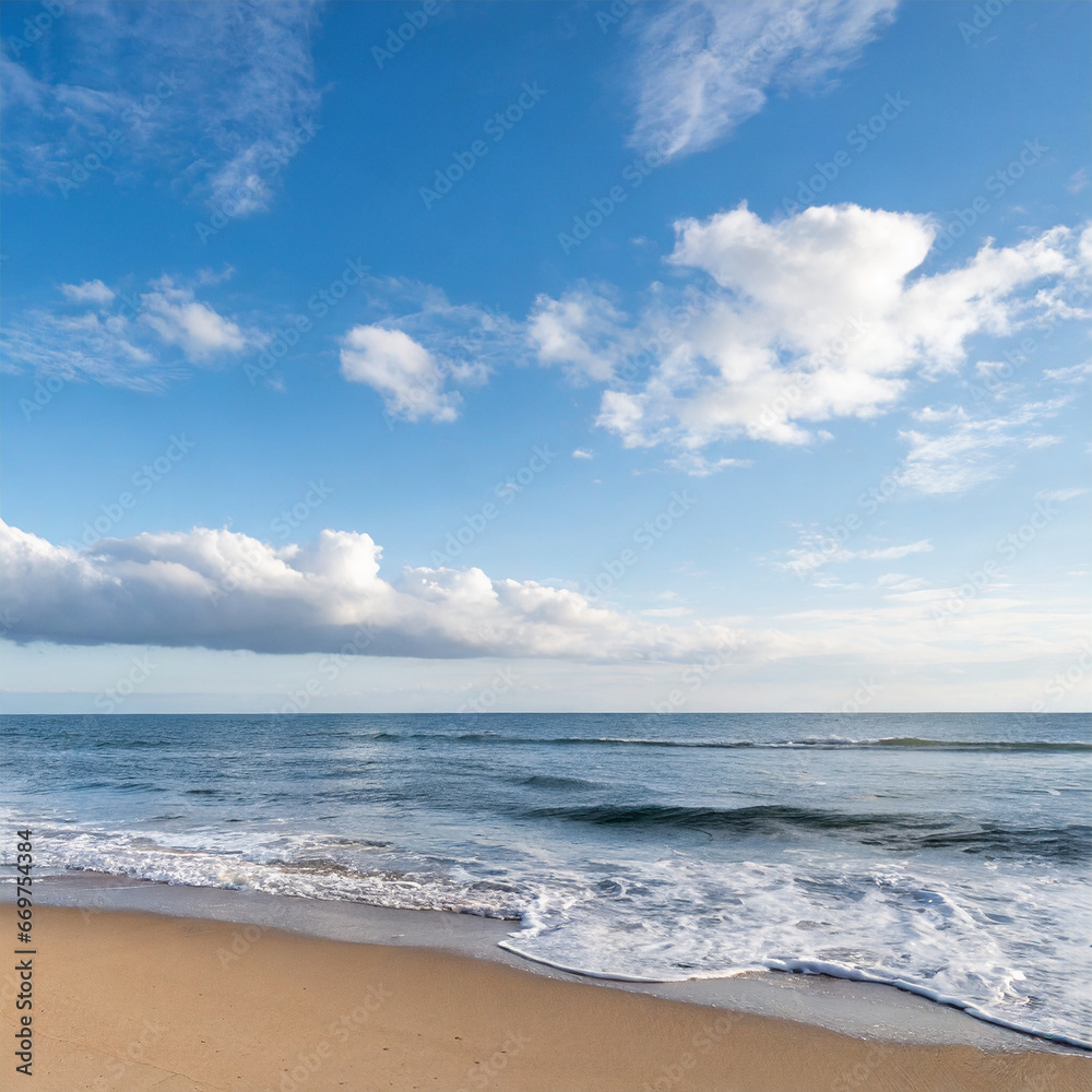 Fototapeta premium Beautiful tropical beach and sea in sunny day. Cloudy sky with water waves
