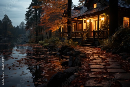 Painting style digital art of spectacular cottage in forest 3D illustration