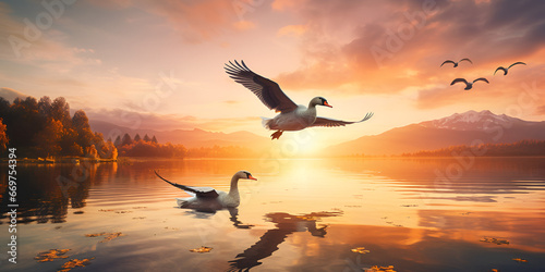silhouette of a swan on sunset Generative Ai © Saim
