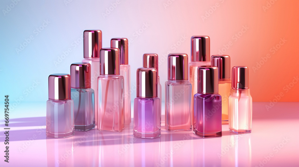 Gradient lineup of nail polish bottles against a pastel background. Gradient lineup of nail polish bottles against a pastel background.