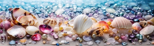 Vibrant marine collection with seashells, starfish, and pearls on a turquoise backdrop.