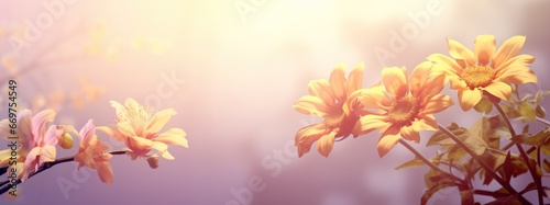 Sunlit golden flowers against a dreamy pastel background.