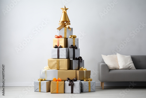 On the wooden floor of the minimalist living room on Christmas Day, a pyramid of brightly colored gift boxes, arranged like a tree, stands out.