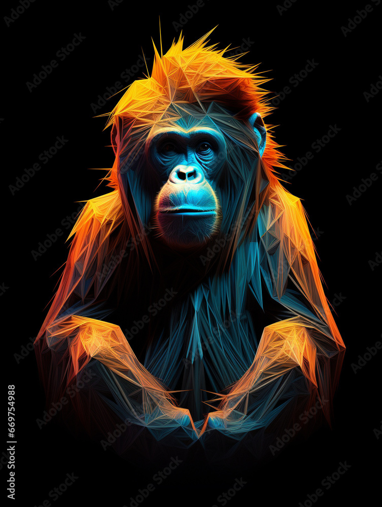 A Geometric Orangutan Made of Glowing Lines of Light on a Solid Black Background