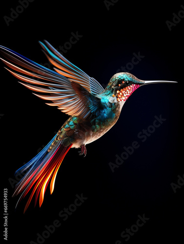 A Geometric Hummingbird Made of Glowing Lines of Light on a Solid Black Background