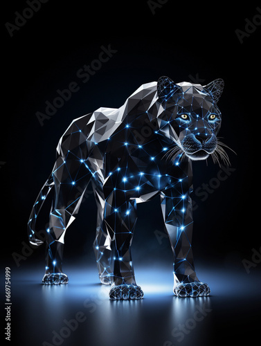 A Geometric Panther Made of Glowing Lines of Light on a Solid Black Background
