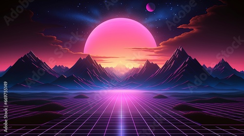Retro futuristic retro 80s neon trendy synthwave vaporwave concept. Sunset neon background.