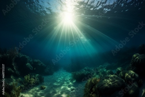 An abyss with underwater depth, bathed in the mesmerizing glow of a blue sun. Generative AI © Zosia