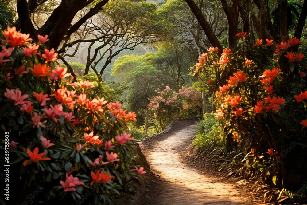 Scenic trail amidst blooming flowers and lush greenery. Generative AI