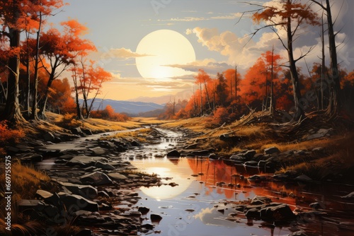 Autumnal Tranquility: Oil Painting of a Forest Landscape by the River