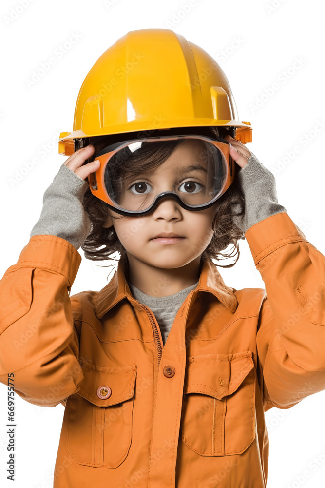 child girl playing architect; kid smiling with an engineer helmet hardhat or architect costume, isolated on a white or transparent png background child girl playing architect; kid smiling with an engineer helmet hardhat or architect costume, isolated on a white or transparent png background