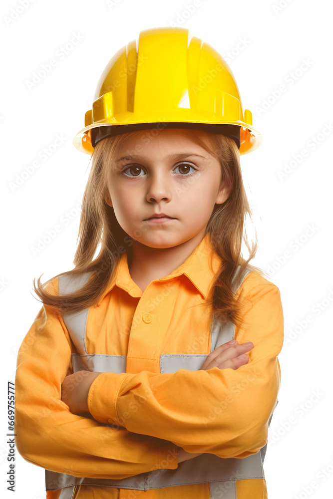 child girl playing architect; kid smiling with an engineer helmet hardhat or architect costume, isolated on a white or transparent png background child girl playing architect; kid smiling with an engineer helmet hardhat or architect costume, isolated on a white or transparent png background