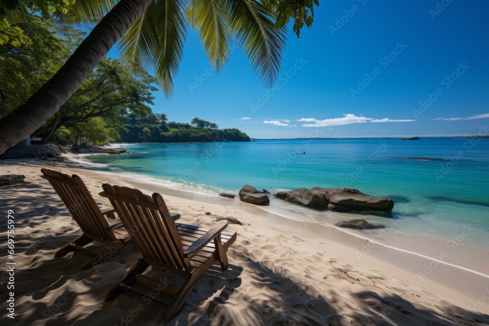 Beautiful amazing nature landscape. Sunbed in tropical blue sun sea. Luxury resort.