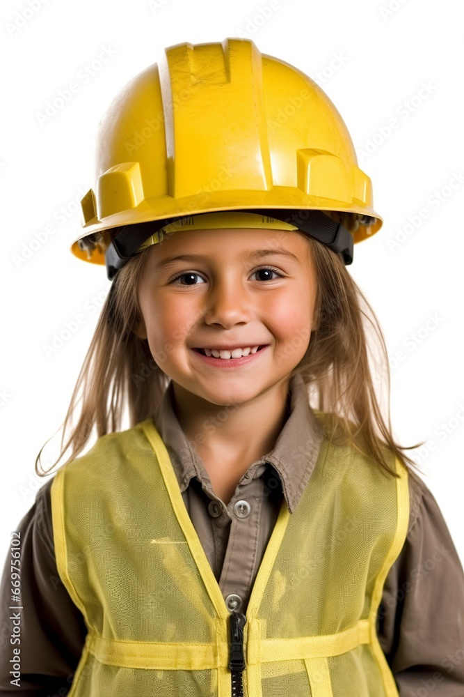child girl playing architect; kid smiling with an engineer helmet hardhat or architect costume, isolated on a white or transparent png background child girl playing architect; kid smiling with an engineer helmet hardhat or architect costume, isolated on a white or transparent png background